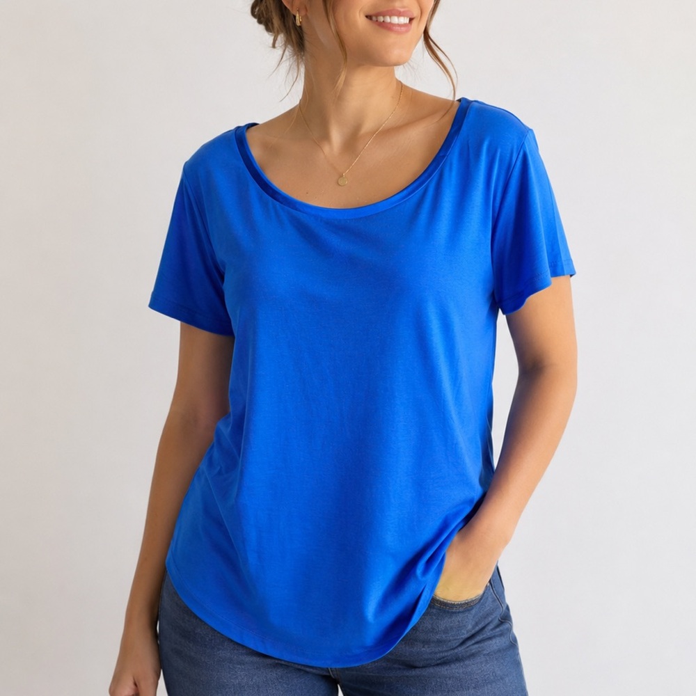 BANANA REPUBLIC Blue Knit T-Shirt XL Short Sleeve Sateen Neckline Casual Basic